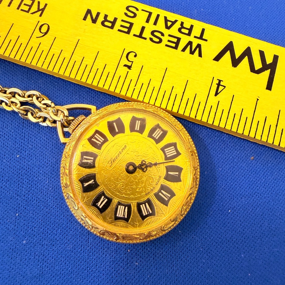 Vintage‎ Lucerne Pendant Watch Gold Tone Swiss Made Roman Numeral Necklace Chain - Picture 6 of 11